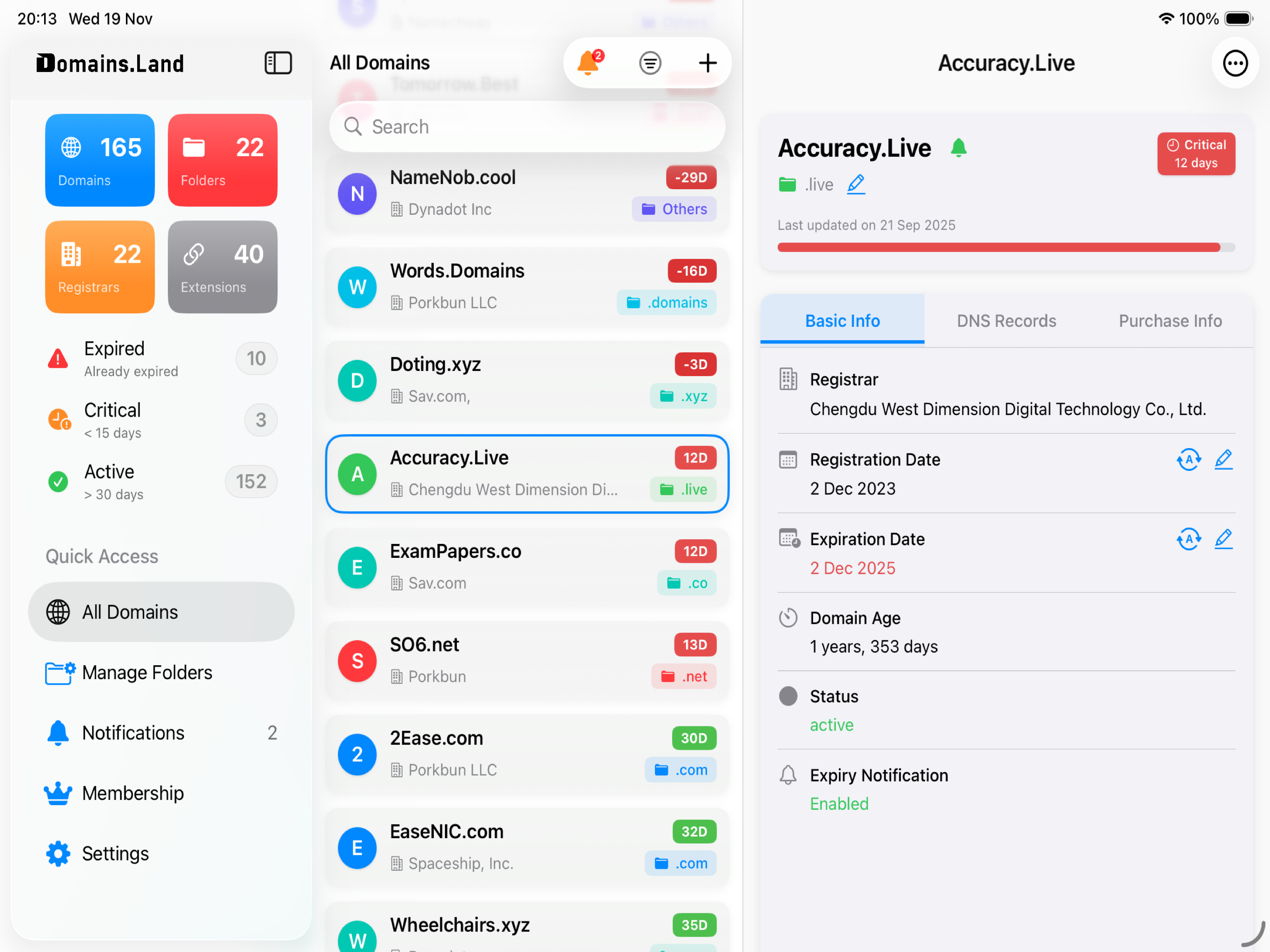 iPad domain dashboard screenshot